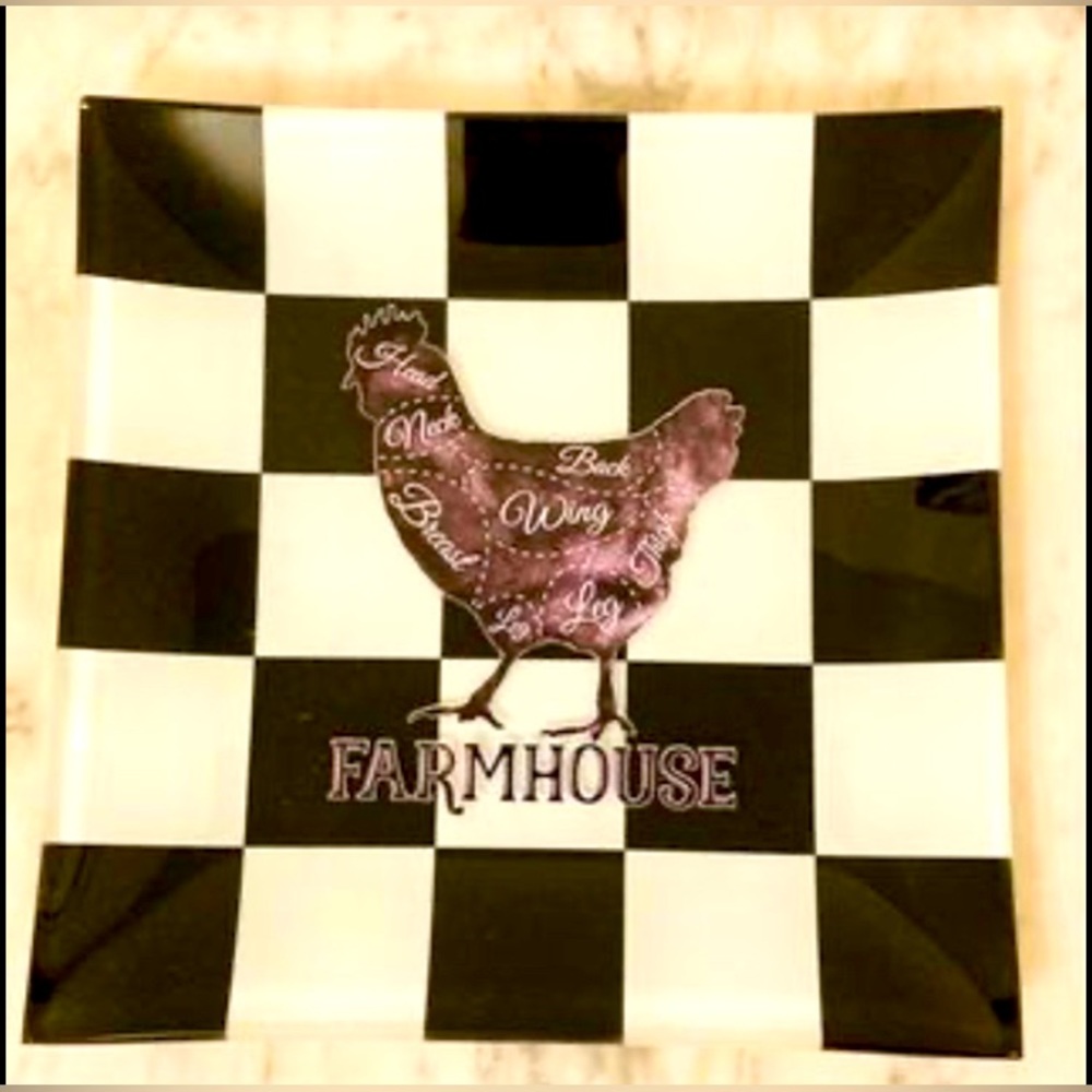 Farmhouse chicken checkerboard plate platter dish decor black white